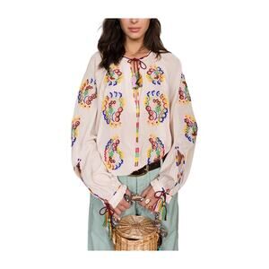 Fortela Ghodsi Tan Multicolor Beade Embroider Print Peasant Blouse 40